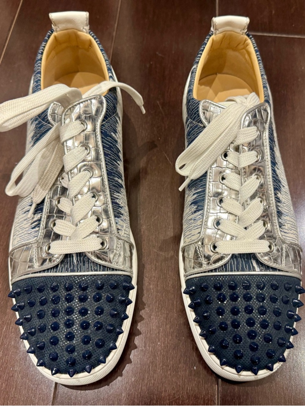 Christian Louboutin Louis Junior Spikes Sneakers Size 43 Blue Silver Pattern